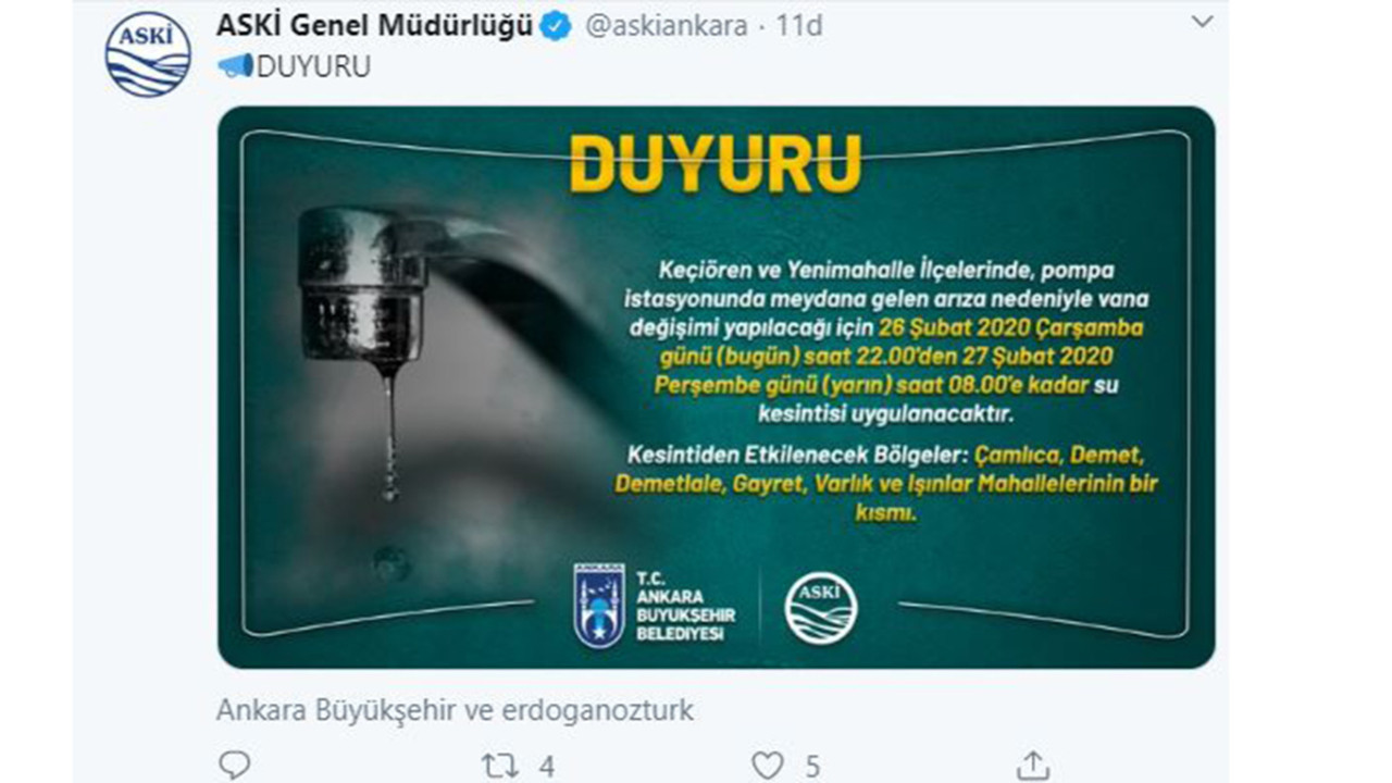 Ankara'da iki büyük ilçede su kesintisi