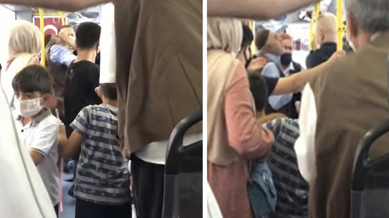 Kağıthane’de halk otobüsünde maskesini yarım takan yaşlı adama kadın tokat attı!