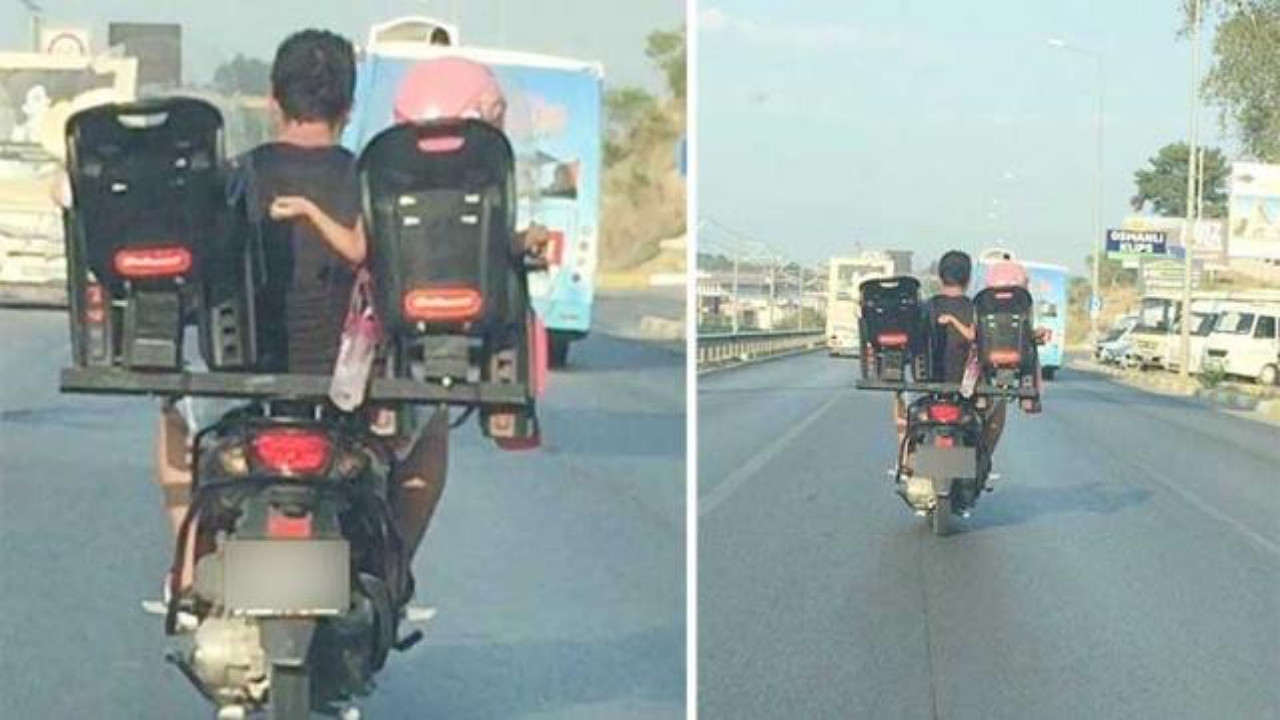 Düşüncesiz babanın motosiklet düzeneği şoke etti! Çocukların tehlikeli yolculuğu kamerada...