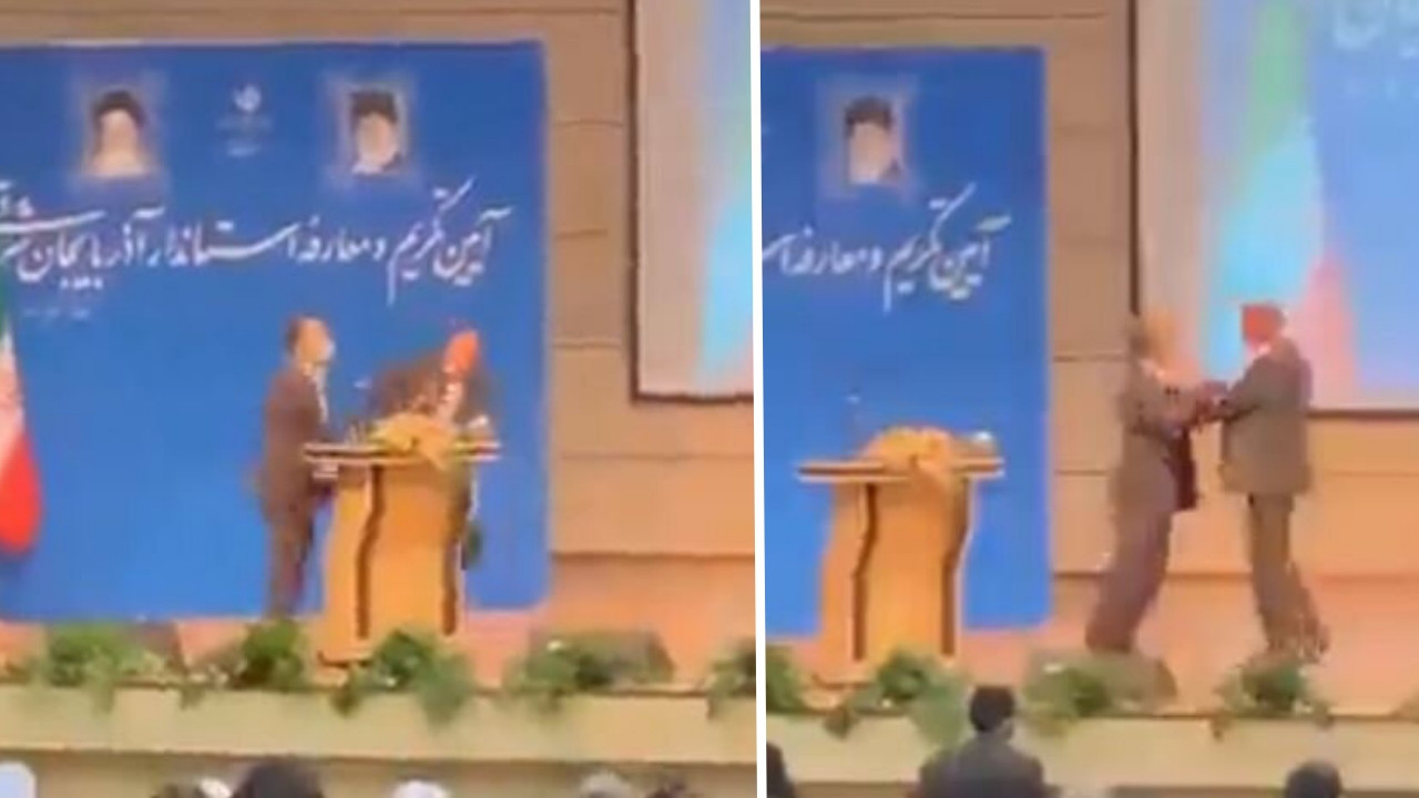 İran bu saldırıyı konuşuyor: Doğu Azerbaycan valisine kürsüde konuşma yaparken tokat atıldı!
