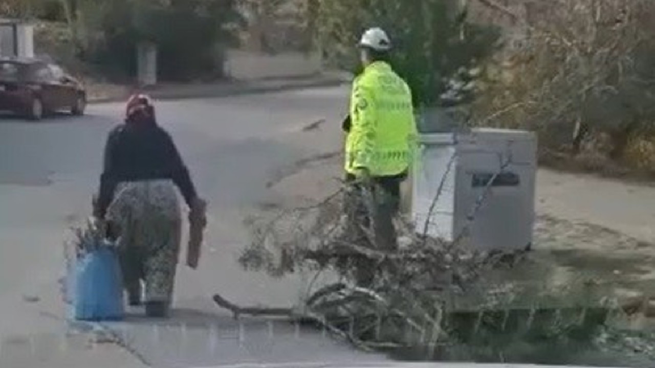 Trafik polisi, yaşlı kadının odun taşımasına yardım etti!