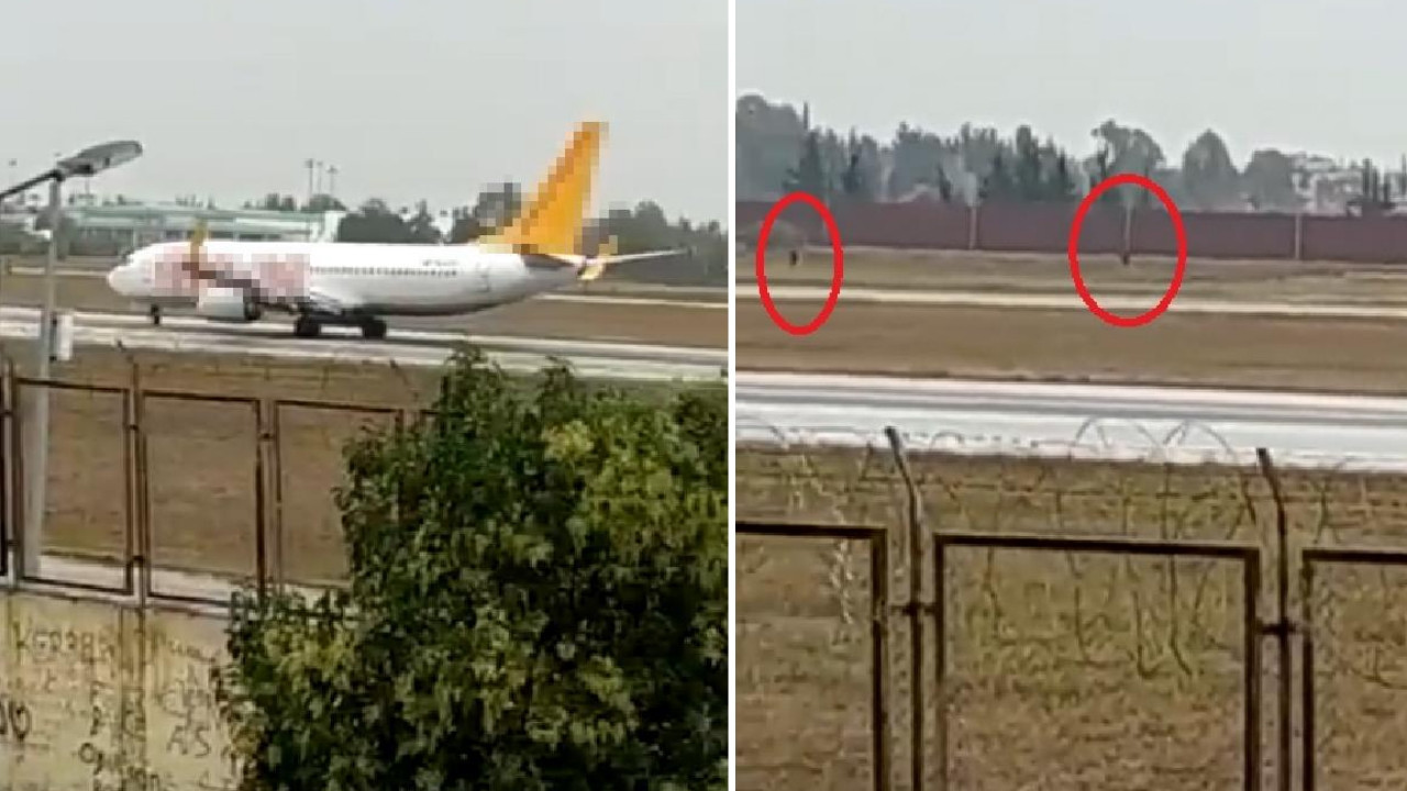 Adana Havalimanı'nda hareketli anlar: Piste inen uçağın önüne atladılar!