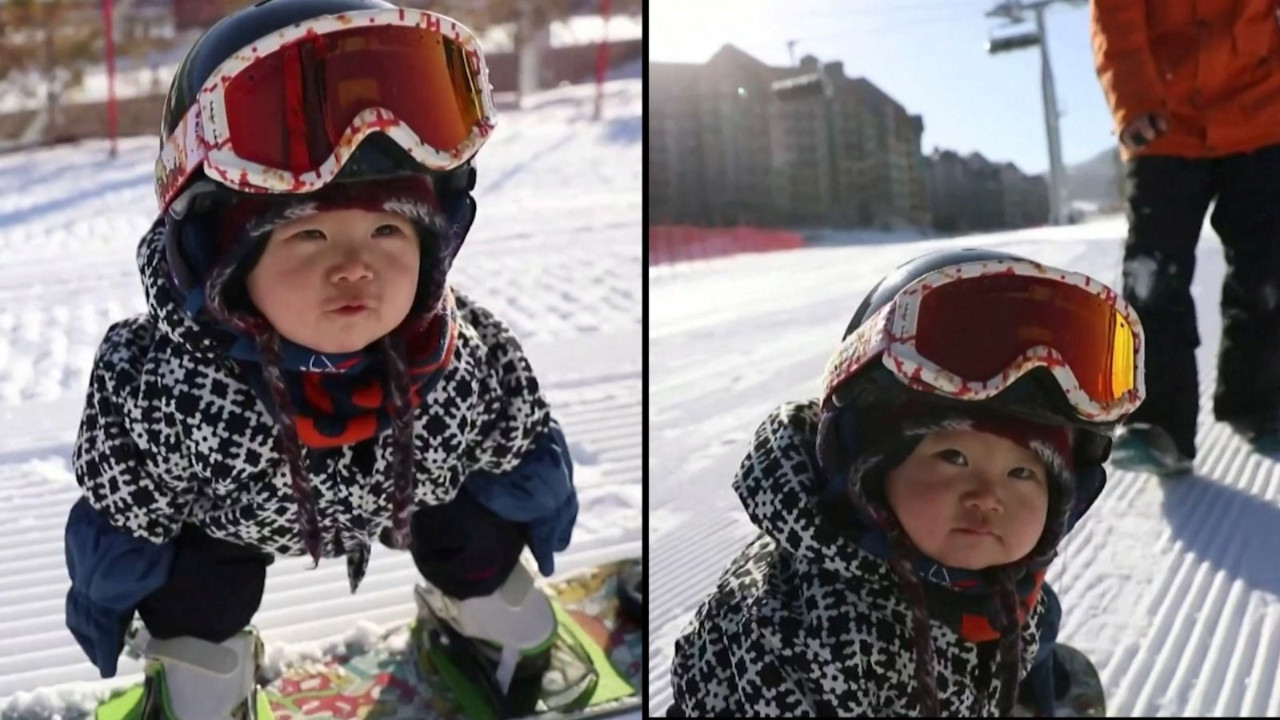 11 aylık Wang Yuji sosyal medyada viral oldu... Daha yürüyemiyor ama snowboard yapıyor