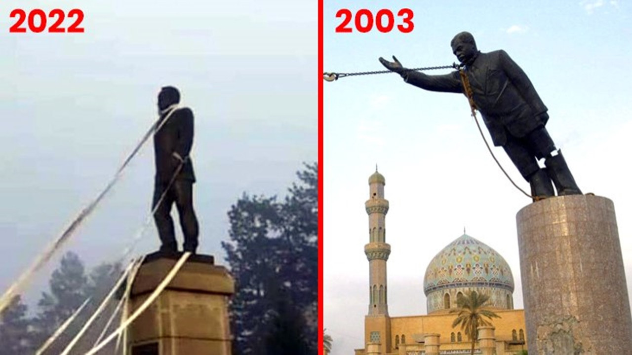 Eylemciler Nazarbayev'in heykelini hedef aldı! Akıllara Saddam Hüseyin geldi...