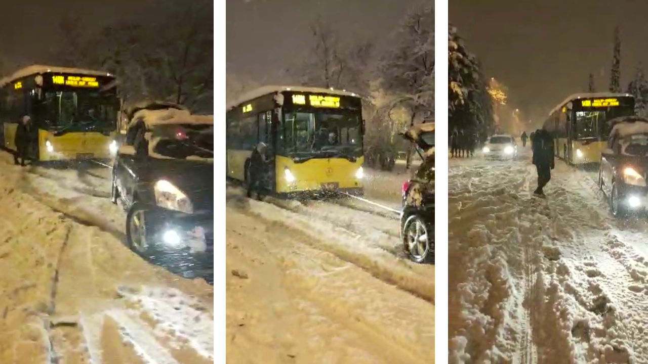 Otomobil sürücüsü, karda kalan İETT otobüsünü halatla çekti