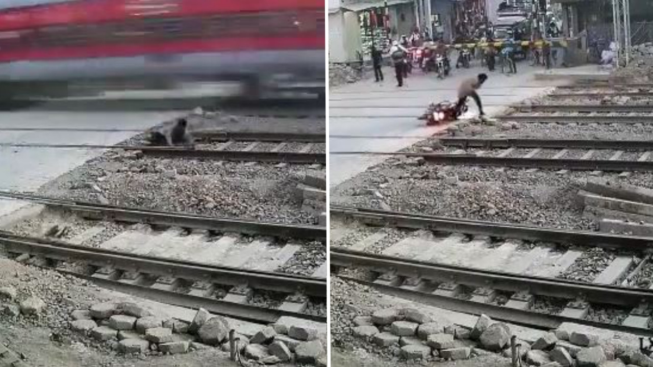 Son anda treni fark eden motosikletli ölümden döndü!