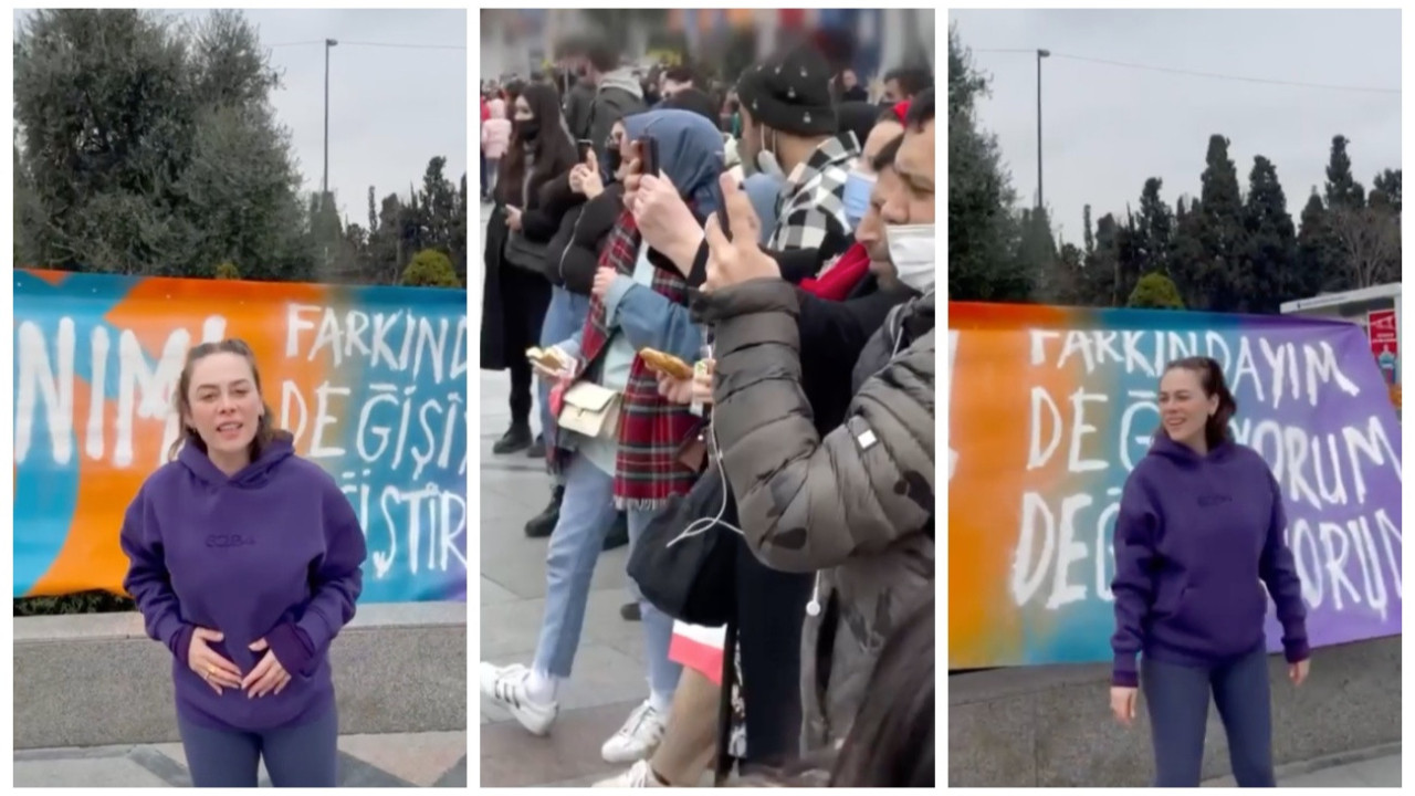 Demet Evgar, 8 Mart öncesi metro girişinde pankart açıp halka seslendi