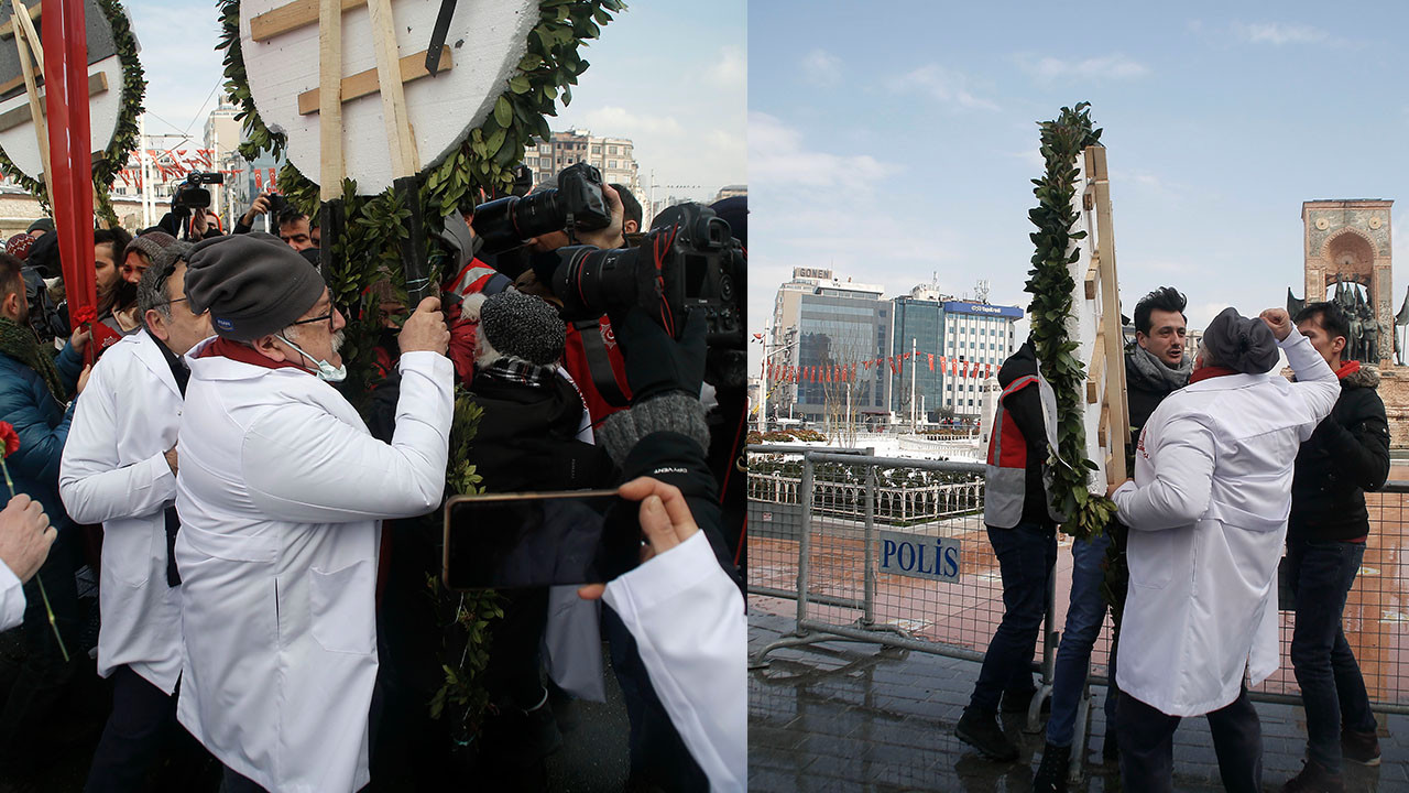 Taksim'de çelenk bırakmak isteyen doktorlara polis müdahalesi