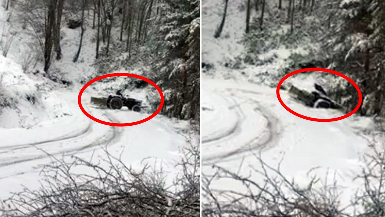 Karlı yolda traktörüyle 'drift' yapmak isteyince uçuruma yuvarlandı! Sürücü bakın nasıl kurtuldu....