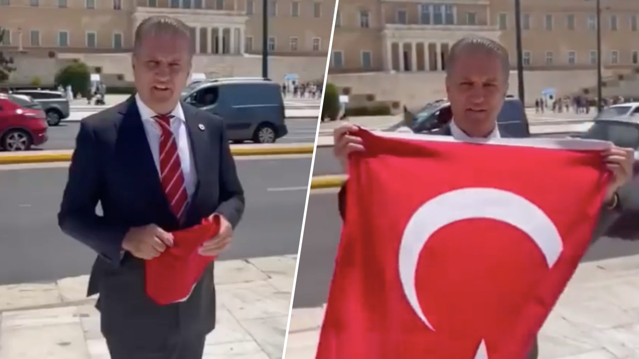 Mustafa Sarıgül, Atina'da Türk bayrağı açarak Miçotakis'e seslendi: Silahlardan elini çek!