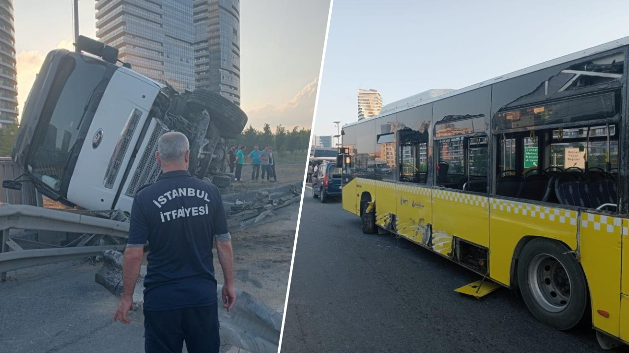 TEM'de feci kaza: Arıza yapan İETT otobüsüne çarpan kamyon takla attı!