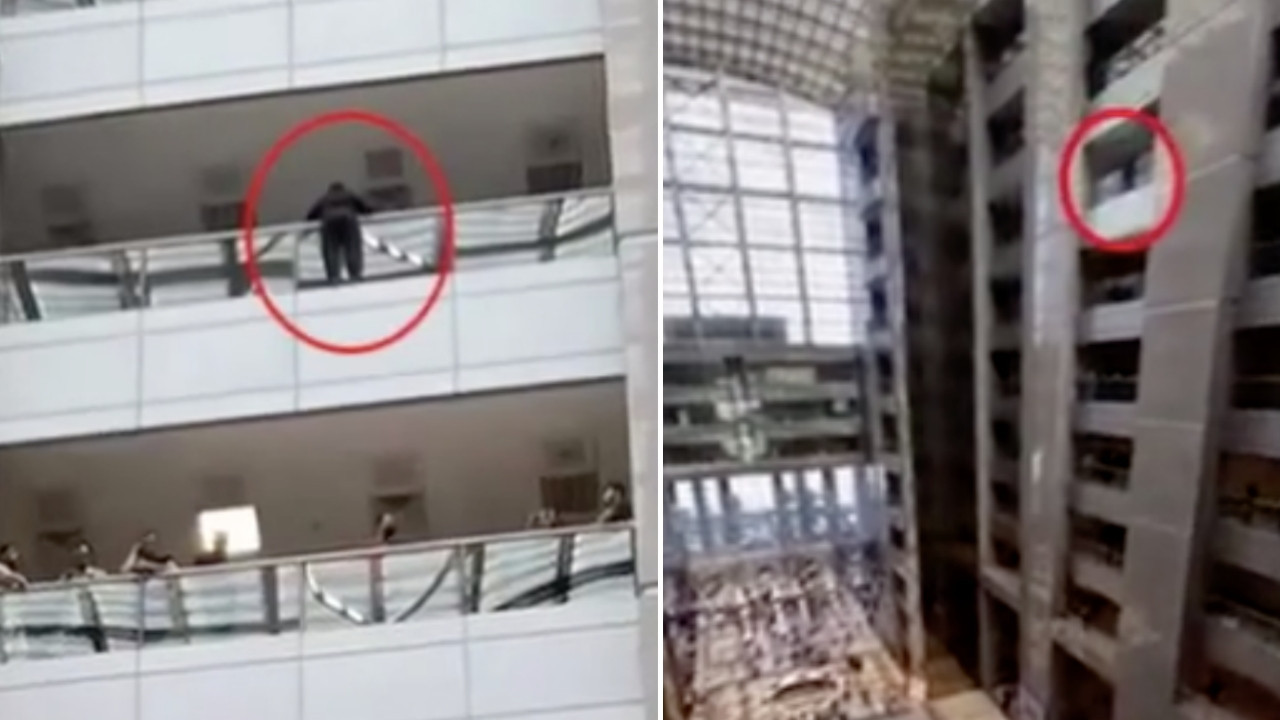 Çağlayan Adliyesi'nde 5. kattaki korkuluklara çıkan bir kişi intihar girişiminde bulunuyor!