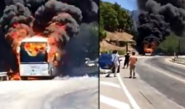 Yolcu otobüsü seyir halindeyken alev alev yandı!