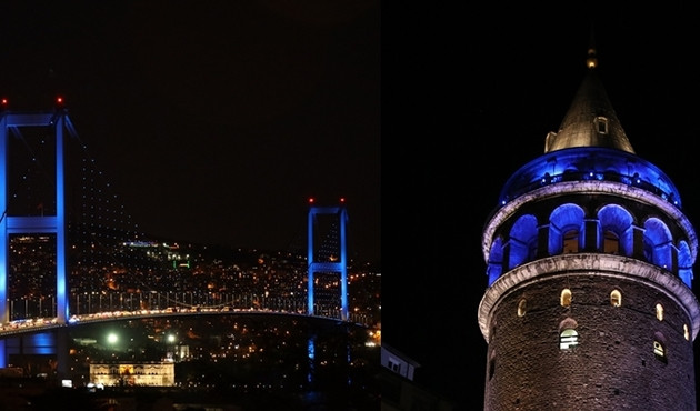 İstanbul'un simgeleri maviye büründü...