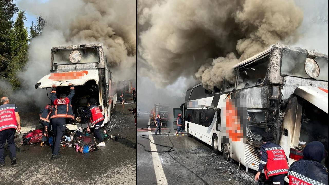 Yolcu otobüsü TEM'de alev alev yandı! 74 kişi canlarını son anda kurtardı